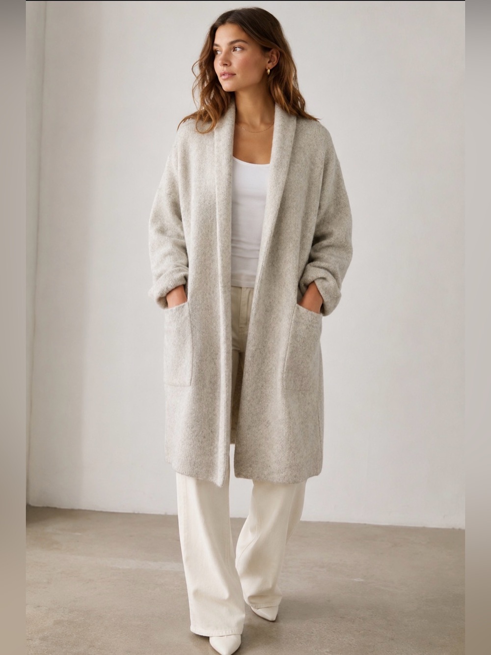 Vince Open Front Wool Blend Cardigan Coat Oatmeal Beige Long Sweater LG